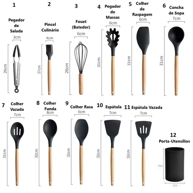 Conjunto de cozinha Kit c/12 peças utensílios de cozinha de silicone suporte de cozinha cabo de madeira