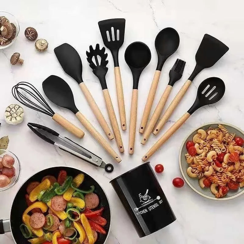 Conjunto de cozinha Kit c/12 peças utensílios de cozinha de silicone suporte de cozinha cabo de madeira